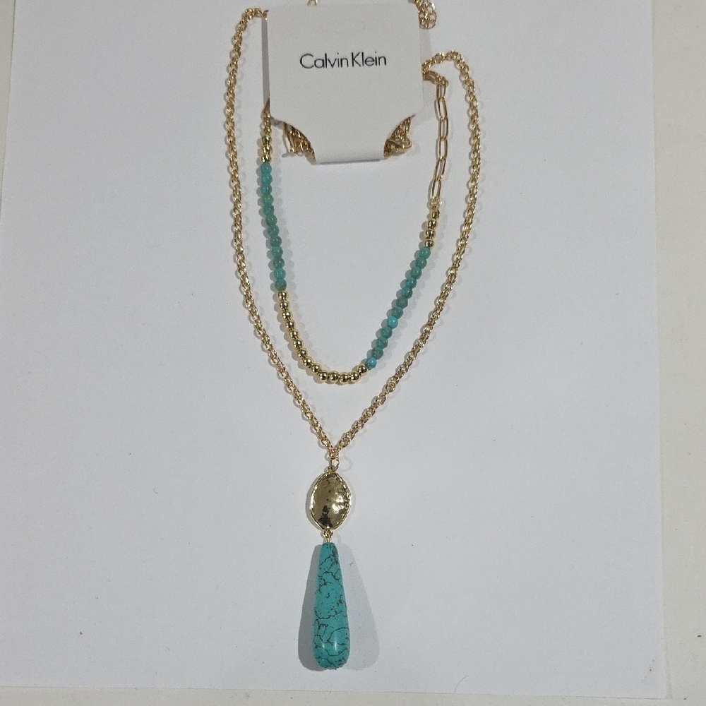 Calvin Klein Gold Plated Layered Necklace w/ Turquoise Beads & Pendant – Jewelry - Picture 7 of 9